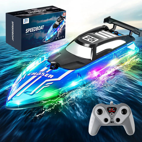 Fast Remote Control RC Boat With LED Lights For Pools And Lakes 2 4GHz Racing Electric Boat for Kids Ages 8 to 12 display with remote