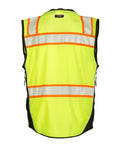 Back view of Mens Premium Surveyor Vest Class 2 Hi Vis Safety Vest ten roomy pockets in heavy-duty lime and black design.