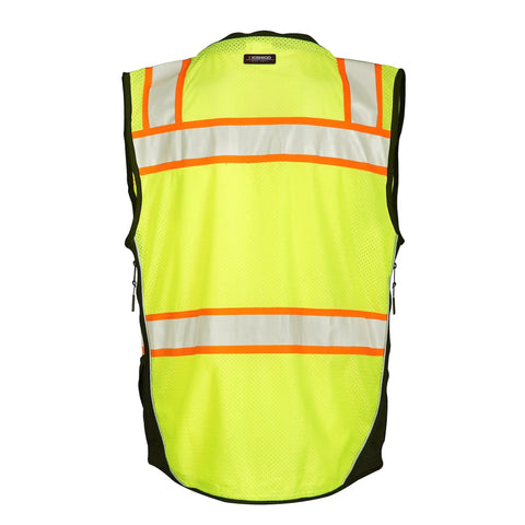 Back view of Mens Premium Surveyor Vest Class 2 Hi Vis Safety Vest ten roomy pockets in heavy-duty lime and black design.