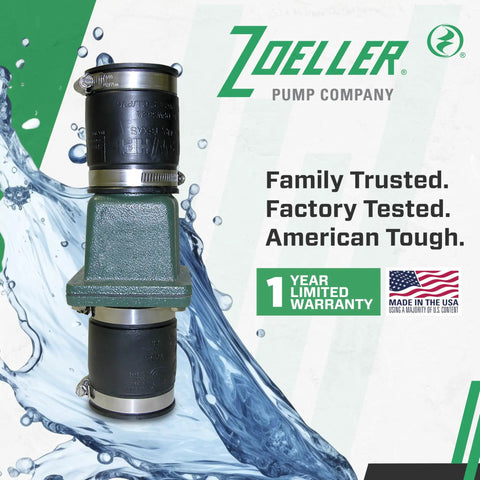 Heavy Duty 2 Inch Cast Iron Check Valve Union With Slip To Slip Connections For Sewer Effluent And Sump Pump Discharge Systems Backflow Prevention Corrosion Resistant Body And High Flow Design product with warranty badge on water-themed background.