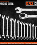Heavy Duty 13 Piece Metric Ratchet Wrench Set With 72 Tooth Gear And 5 Degree Swing For Tight Spots Chrome Vanadium Steel Construction Wrenches From 6mm To 19mm Includes Handy Storage Rack, 13-piece metric ratchet wrenches 6-19mm shown