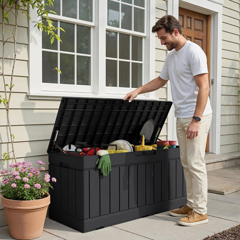 Man opening 78 Gallon Waterproof Resin Deck Box With Lockable Bench No Fuss Outdoor Storage For All Weather Patio Furniture Garden Tools And Pool Supplies Durable Black Resin With Rattan Pattern filled with tools and supplies on patio.