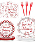 96 Piece Special Delivery Pizza Paper Plates And Napkins Set Hits Different With Chic Red White Checkered Prints for Italian Theme.