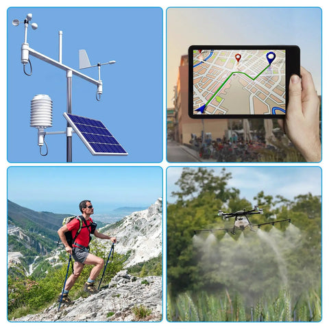 Weather station, tablet with GPS map, hiker on mountain, drone in garden; visuals of 2 Pack GY-NEO6MV2 NEO-6M GPS Module For Flight Control.