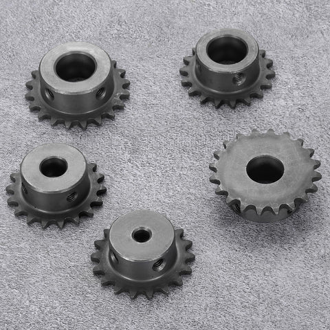 Five 25 Tooth Roller Chain Sprockets For ISO 04C, 8mm Bore, 53.5mm OD, C45 Carbon Steel on grey surface