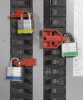 Economy Electrical Lockout Toolbox Kit with padlocks and circuit breaker locks in use on electrical panel