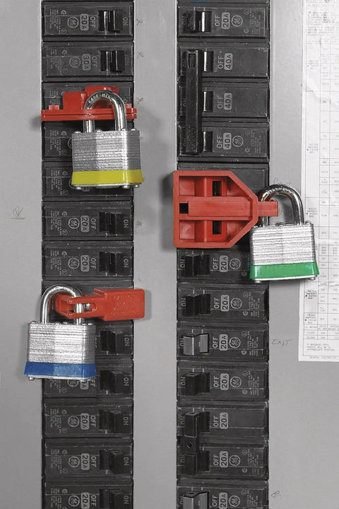 Economy Electrical Lockout Toolbox Kit with padlocks and circuit breaker locks in use on electrical panel