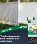 Deck, Patio, And Fence Wash Grime-Busting For Mold, Mildew, And Algae - Commercial-Grade Outdoor Stain Remover, bottle and fence result