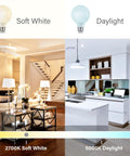 Comparison of G25 LED Globe Vanity Light Bulb, Dimmable 60W Equivalent, E26 Base; 2700K soft white vs 5000K daylight lighting in room settings.