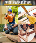 Four images showing tan deck screws in use: on a fence, a wooden frame, a deck, and an outdoor table.