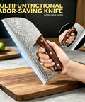 2 Piece Beast Mode Meat Cleaver Knife Set for effortless chopping with wood handle, Viking style on a kitchen board