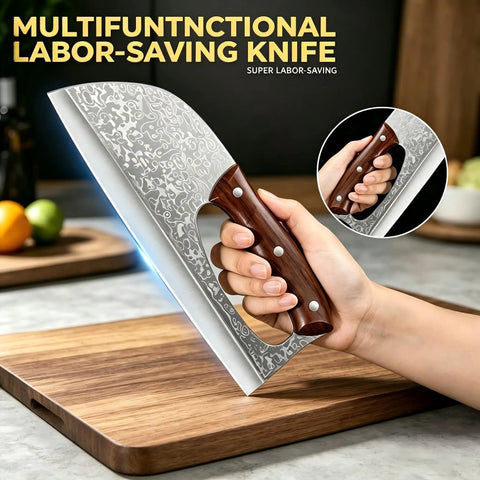 2 Piece Beast Mode Meat Cleaver Knife Set for effortless chopping with wood handle, Viking style on a kitchen board