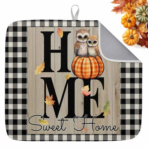 Thanksgiving Dish Drying Mat For Kitchen Counter With Maple Leaves Owl Design Absorbent Microfiber Cushioned Pad and plaid pattern