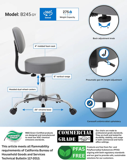 Be Well Medical Spa Style Adjustable Drafting Stool With Back Support, Ergonomic Gas Lift Office Chair For Long Hours, Gray