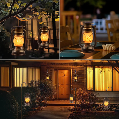 Outdoor Solar Lanterns 2 Pack Waterproof Bronze Flickering Flame Lights illuminating garden and patio with warm amber glow at night