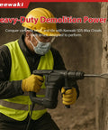 Worker using SDS Max rotary hammer on concrete wall with Four Piece SDS Max Rotary Hammer Chisel Set Built For Concrete Tile And Masonry, 18 Inch Chisels, Heavy Duty Heat Treated Alloy Steel, Includes Point Flat 3 Inch Wide And U Groove Chisels With Storage Tube.