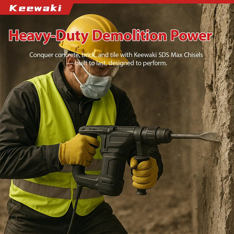 Worker using SDS Max rotary hammer on concrete wall with Four Piece SDS Max Rotary Hammer Chisel Set Built For Concrete Tile And Masonry, 18 Inch Chisels, Heavy Duty Heat Treated Alloy Steel, Includes Point Flat 3 Inch Wide And U Groove Chisels With Storage Tube.