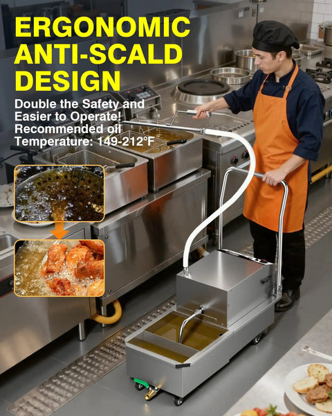 WantJoin Commercial Deep Fryer Oil Filter Machine 10.5 Gallon Mobile Grease Filtration Unit in use with ergonomic design in a kitchen.