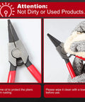 8 Inch Lock Ring Pliers with Special Angle Tips shown with red grips and steel jaws, includes cleaning instructions.