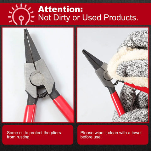 8 Inch Lock Ring Pliers with Special Angle Tips shown with red grips and steel jaws, includes cleaning instructions.