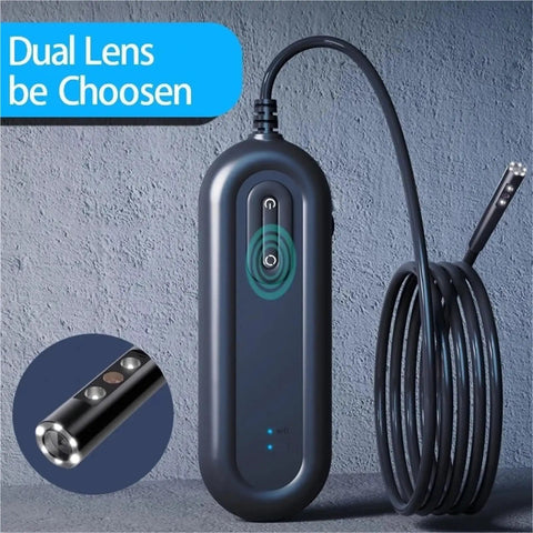 Pro Grade Dual Lens Wireless Endoscope For Engine Bay And Pipe Inspections, close-up of handle and dual lens with cable.
