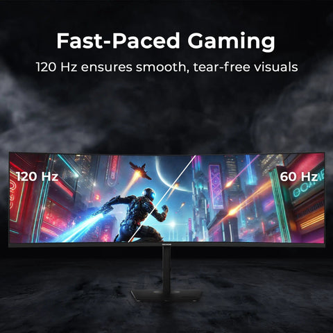 Front view of Massive 49 Inch Curved Ultrawide Monitor With Dual QHD 5120x1440 displaying gaming graphics with 120Hz and 60Hz sections.