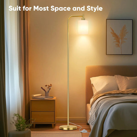 Modern Floor Lamp For Living Room With Frosted Glass Shade, Industrial Gold Tall Pole Light With Foot Switch beside bed