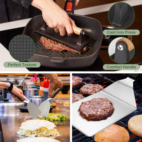 35 Piece Griddle Gear Kit for Flat Top Grills including long griddle spatula, cast iron press, and slotted turner in use