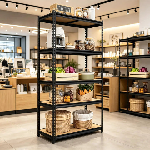 Heavy Duty Garage Shelving 2100 Lbs Capacity With Thick Steel Frames And Reinforced MDF Shelves in modern kitchen display.