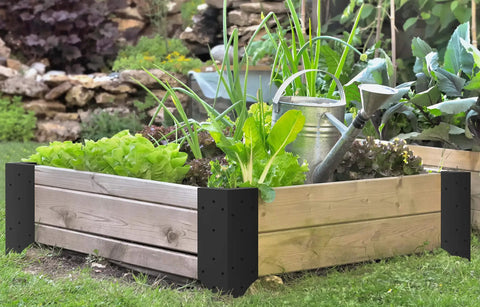 Raised garden bed using Corner Brackets For Raised Garden Beds With Securing Lip No Fuss DIY Garden Build, black steel corners in garden setting