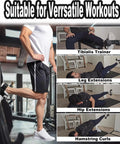 Person using Tibialis Trainer Foot Strap for dumbbell workouts at home, showcasing exercises like leg extensions and hamstring curls.