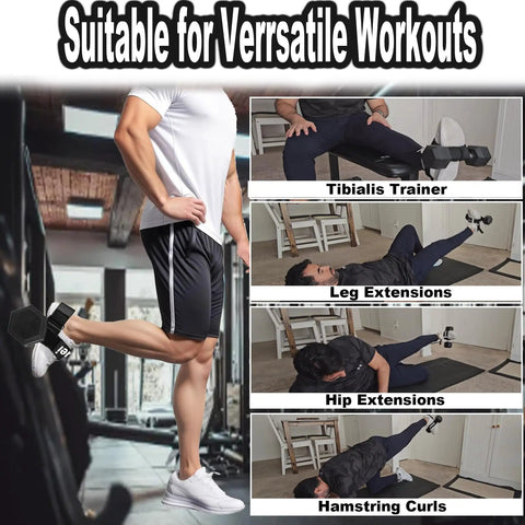 Person using Tibialis Trainer Foot Strap for dumbbell workouts at home, showcasing exercises like leg extensions and hamstring curls.