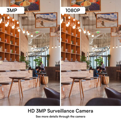 Comparison of 3MP Wireless WiFi Light Bulb Security Camera For Smart Home Surveillance vs. 1080P image quality in a cafe