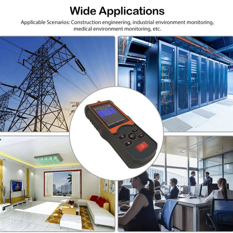 Image showing a Handheld Nuclear Radiation And Electromagnetic Detector with large digital display and wide use scenarios.