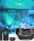 Galaxy Star Projector Light With White Noise Bluetooth Speaker, Alexa and Smart App control, projecting LED colors in living room