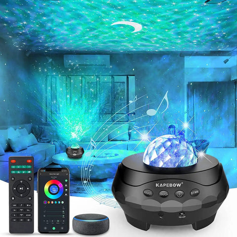 Galaxy Star Projector Light With White Noise Bluetooth Speaker, Alexa and Smart App control, projecting LED colors in living room