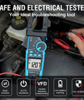 All In One Handy Clamp Meter Multimeter measuring car battery voltage with True RMS feature for electrical troubleshooting