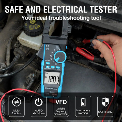 All In One Handy Clamp Meter Multimeter measuring car battery voltage with True RMS feature for electrical troubleshooting