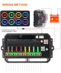 Wiring diagram showing the Beefy 8 Gang Switch Panel 12V 24V IP68 Waterproof with labels and connections for truck and boat setup.