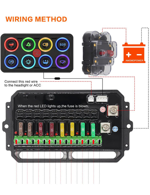 Wiring diagram showing the Beefy 8 Gang Switch Panel 12V 24V IP68 Waterproof with labels and connections for truck and boat setup.