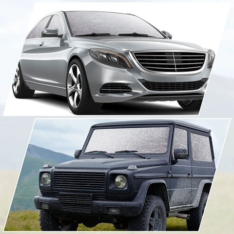 Double Bubble Reflective Foil Insulation Roll on front windshields of silver sedan and black SUV, parked outdoors.