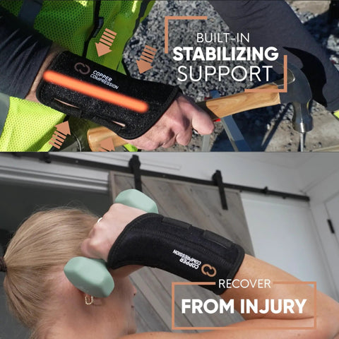 Person wearing Wrist Brace With Copper Infusion For Pain Relief And Support In Carpal Tunnel Arthritis Tendonitis RSI And Sports Injuries Adjustable Orthopedic Wrist Splint while exercising and working with tools