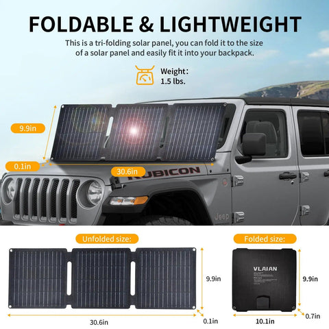 Foldable 30W Solar Panel Charger For Camping And Hiking With IP65 Waterproof ETFE Panel on Jeep
