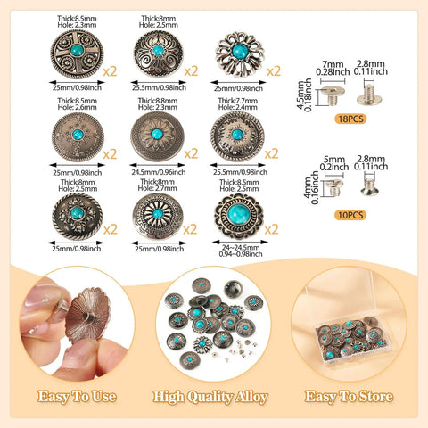 Rugged Western Zinc Alloy Conchos With Eighteen Faux Turquoise Screw Back Rivets And Tough Leathercraft Studs, 18pcs set, 24-25.5mm size.