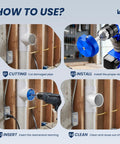 Four-step guide using the PVC Pipe Reamer Kit Four Piece Socket Saver Tool for cutting, installing, inserting, and cleaning pipes.