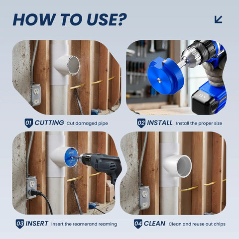 Four-step guide using the PVC Pipe Reamer Kit Four Piece Socket Saver Tool for cutting, installing, inserting, and cleaning pipes.