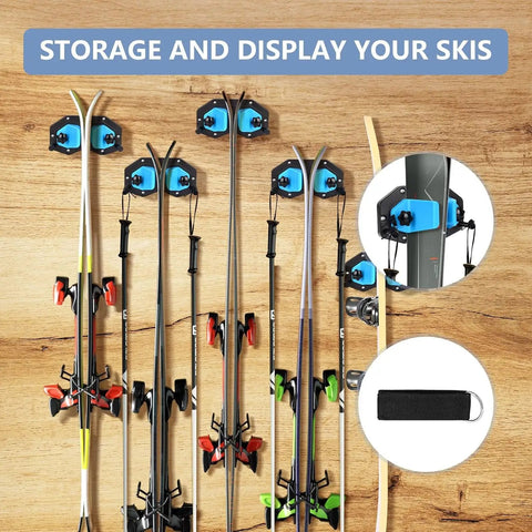 Hella Heavy Duty Abs Plastic Ski Wall Mount And Snowboard Rack For Garage Storage, ski poles secured against wooden wall.