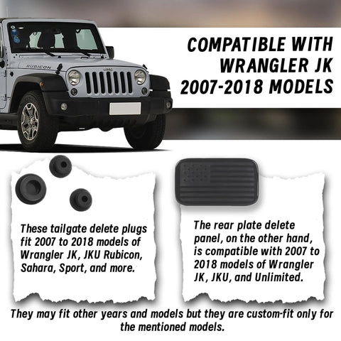 Solid Set Of Three Durable Rubber Tailgate Plugs And One Rear License Plate Mount Built For Jeep Wrangler image showing Jeep JK compatibility 2007-2018.