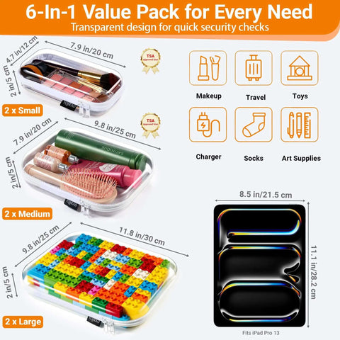 Clear Hard Shell Zipper Case Set For Diaper Bag Organization, Six Piece Multi Size Pouch Kit with makeup and toys organized.