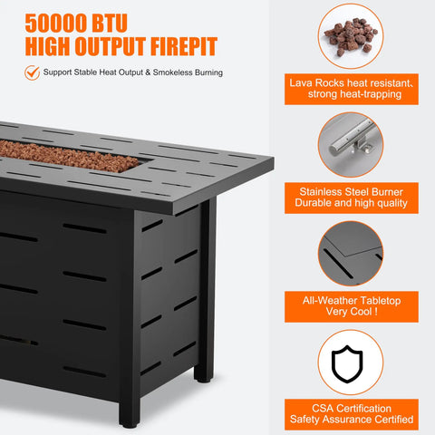 43 Inch Outdoor Propane Fire Pit Table With 50,000 BTU, Includes Lid And Waterproof Cover, Rectangle Gas Firepit With Features